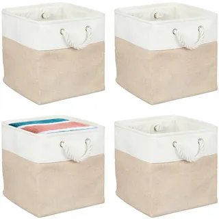Relaxdays Aufbewahrungskorb 4er Set Leinen mit Seilgriffen 30 x 30 x 30 cm beige/weiß