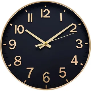 Funk Wanduhr 30 cm Lautlose Wanduhr Ohne Tickgeräusche, Moderne Batteriebetriebene Uhr für Zuhause, Küche, Wohnzimmer, Büro, Wanddekoration (Schwarzes Gold)