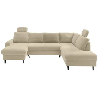 luma-home Wohnlandschaft mit Schlaffunktion Bettkasten Wellenunterfederung, 2 Kopfstützen, U-Form B305/T200/H88 cm, Cord Beige Grau / 17205 , Textil , Füllung: Polyurethan (Pur) , U-Form,Rechteckig , 305x88x200 cm , Wohnzimmer, Sofas & Couches, Wohnlandschaften, Wohnlandschaften in U-Form