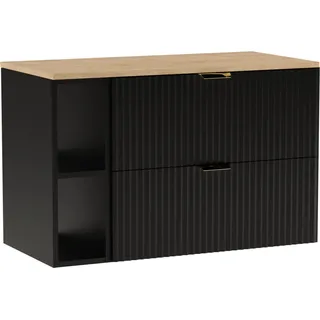 WENA Waschtischunterschrank 100 cm, geriffelte Fronten, Griffe aus Metall in der Farbe Gold (Farbe: Schwarz, Eiche Holzplatte) - Schwarz