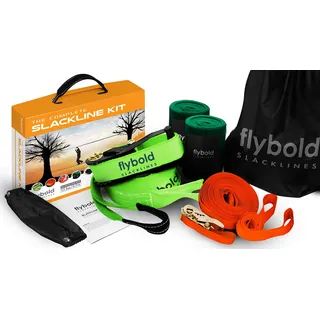 flybold Slackline Kit mit Trainingsleine Baumschutz Ratschenschutz Armtrainer 17,4 m einfache Einrichtung Anleitung (evtl. nicht in deutscher Sprache) und Tragetasche, komplettes Set, Outdoor-Spaß für