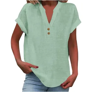 Musselin Bluse Damen Oversized Kurzarm V-Ausschnitt Tshirt mit Knöpfen Leinenbluse Sommer Oberteile Hemdbluse Baumwolle Leinen Shirt Große Größen Leichte Lose Blusen