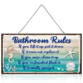 Bathroom Rules Dekor Metall Hängen Vintage Design Muscheln Bathroom Rules Tür Wand Plakette Dekor Schild mit diamant besetzten Seestern, Strand schild Plakette Wand Dekor (10 x 5 Zoll)