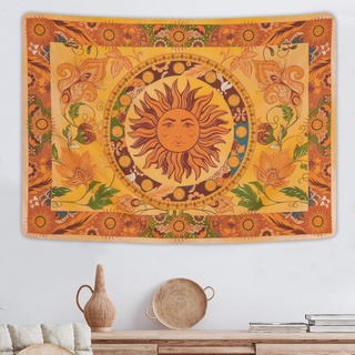 Yugarlibi Brennende Sonne Wandteppich Frühling Blumen Vintage Wandbehang Orange Konstellation Wandteppich für Schlafzimmer Wohnzimmer 210x150cm