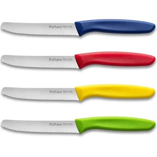 Ruffulon Frühstücksmesser 4 Stück, Tafelmesser mit Wellenschliff,Messerset Scharfe,Mehrfarbig Tomatenmesser,Kunststoffgriff Besteck Messer Set,Rostfreier Stahl,Brotmesser Klein,Bunte Jausenmesser