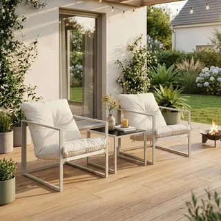 Loungeset 'Karg' 3-tlg. outdoor Couchtisch mit 2 Sesseln Kissen Metall Beige - Beige