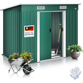 KESSER® - Gerätehaus L Metall 4 m3 mit Fundament | 210x122x186 cm | 2x Schiebetür & Fundament | Geräteschuppen | Gartenhaus Schrank | Pultdach Garten Schuppen | Inkl. Arbeitshandschuhe - Grün