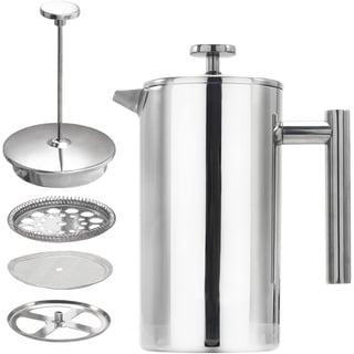 ETiME Kaffeebereiter Kaffeekanne Teebereiter French Press System Edelstahl thermoisoliert groß 1 L Silber (1L Silber)