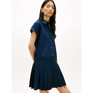 Shirtkleid TOMMY HILFIGER "POPLIN PLEATED SHORT SS DRESS", Damen, Gr. S (36/38), N-Gr, schwarz night navy, Jersey, Obermaterial: 100% Baumwolle, unifarben, regular fit kurz, Kleider Shirtkleid, mit Logo-Stickerei