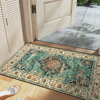 CHOSHOME Waschbarer Teppich Schlafzimmer Vintage Kurzflor Teppich Wohnzimmer rutschfest Teppich Läufer 60x110CM Vintage Teppich Outdoor Teppich Mit Orient Design Teppich Klein Innen Teppich Blau