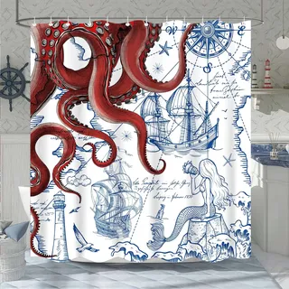 Fungarth Duschvorhang, 213 cm, extra lang, roter nautischer Oktopus, Marineblau, Meerjungfrau, lustiger Ozeankraken, Duschvorhänge für Badezimmer, Anker, Küstenkarte, wasserdichter Stoff, Badevorhang
