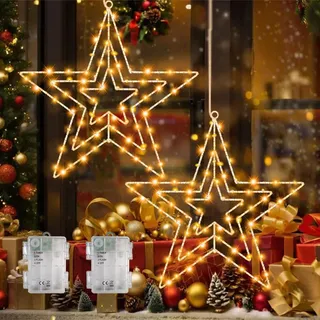 Yomistar 2 Stück Weihnachtsdeko Fenster Beleuchtet mit Batterie,Timer | Fensterbeleuchtung Weihnachten, Wasserdicht LED Stern Fenster 8 Modi Fensterdeko Weihnachten Beleuchtet für Innen Außen