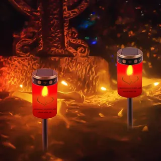 2 Stück Solar Grablichter für Draußen Wasserdicht, 6,6 x11,5 cm Solar LED Grablicht Outdoor Friedhofskerze Solarbetrieben mit Lichtsensor, Grabkerzemit Erdspieß, Kerzen Outdoor