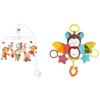 Fehn Musik Mobile Safari - Baby Einschlafhilfe Musikspielzeug mit süßen Tieren & Activity-Spieltier Fledermaus – Baby Motorikspielzeug für Kinderwagen