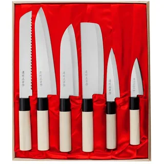 Satake Megumi Set mit 6 Messern in einer Holzkiste HG8582W - Weiß, Schwarz, Rot