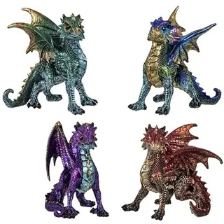 DRW Set mit 4 Drachen aus Kunstharz, handbemalt, 14 x 9 x 13 cm