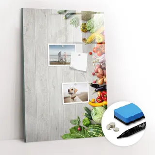 Magnetische Notiztafel - Schwarzer Marker + Schwamm + Magnete - 40 x 60 cm - Gemüse auf Holz
