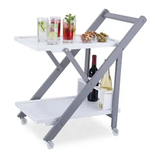 Relaxdays Servierwagen Bambus, Küchenwagen klappbar, Flaschenhalter, Rollwagen 2 Etagen, HBT: 70x44x39,5 cm, weiß-grau