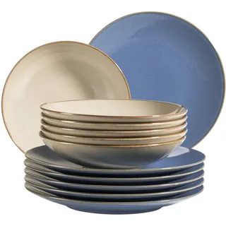 MÄSER 931873 Serie Ossia Teller-Set für 6 Personen im mediterranen Vintage-Look, 12-teiliges modernes Tafelservice mit Suppentellern in Sand-Grau und Speisetellern, Steinzeug, Sandgrau/Hellblau