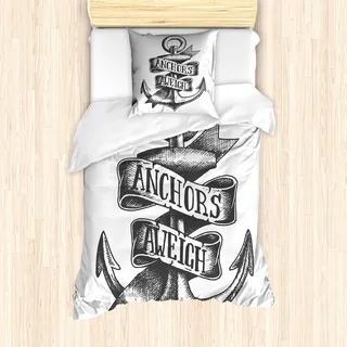 ABAKUHAUS Anker Bettbezug Set für Einzelbetten, Altmodisch Tätowierungs Art, Milbensicher Allergiker geeignet mit Kissenbezug, Anthrazit grau und Elfenbein - Braun