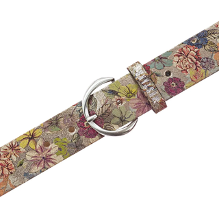 Ledergürtel MUSTANG "Amy", Damen, Gr. 105, bunt (gold, multicolor), Rindsleder, geblümt, mehrfarbig, Gürtel Ledergürtel, mit floralem oder Animal-Design, 4 cm breit