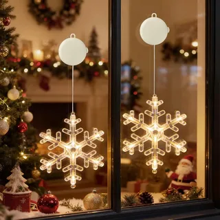 2 Stücke LED Schneeflocke Lichterkette Fensterlicht mit Saugnapf Für Party Weihnachten Hängende Fenster Deko - Weiß
