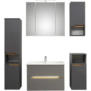 Saphir Badmöbel-Set "Quickset 5-teilig, Keramik-Waschtisch und LED-Spiegelschrank" 7 Stk. tlg., quarzgrau matt touch, quarzgrau matt, akzent riviera eiche quer nb