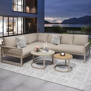 Flieks Gartenlounge-Set 5-tlg., Gartensofa mit 2 Gartentisch, Gartenmöbelset Loungegartenmöbel Balkonmöbel für 6 Personen, Balkonmöbel aus Seil, Beige - Beige