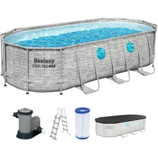 Bestway Power Steel Swim Vista Series Frame Pool Komplett-Set mit Filterpumpe 549 x 274 x 122 cm, Steinwand-Optik (Cremegrau), oval
