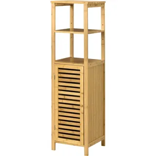 Badezimmerschrank höhevestellbar, Badschrank aus Bambus, Badezimmermöbel mit Schrank, zwei offene Ablagen, für Badezimmer, ca. 33 x 30 x 120 cm Naturholz