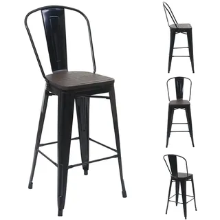 Mendler 4er-Set Barhocker HWC-A73 inkl. Holz-Sitzfläche, Barstuhl Tresenhocker mit Lehne, Metall Industriedesign schwarz