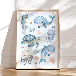 MeinBaby123® Unterwasserwelt Bilder Kinderzimmer | DIN A2 Poster | Wal, Schildkröte, Delfin, Seepferdchen | Kinderzimmer Deko Meer | Bilder | Geschenk zur Geburt (Unterwasserwelt V1)