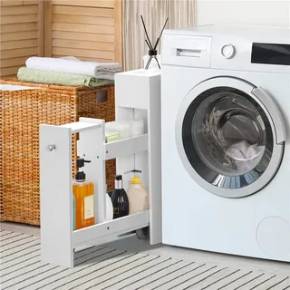 Yaheetech Nischenschrank 17 cm schmaler Badschrank mit Rollen Beistellschrank Seitenschrank - Weiß