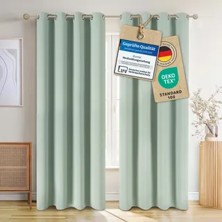 Blumtal Verdunklungsvorhänge 2er Set - Thermovorhang Hitzeschutz - Vorhang Blickdicht mit Ösen - Gardinenschals mit Schlaufen - Lärmschutzvorhang - Gardinen 138x117cm - Ösenvorhang - Vorhang Grün