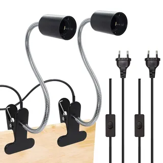 Crzpchas E27 Klemmlampe 2Pcs Metall Klemmleuchte, Schwarz Leselampe Schreibtisch Buchlampe, E27 Lampenfassung mit 360°flexibel Schwanenhals und 220cm Kabel button 60w für Schlafzimmer
