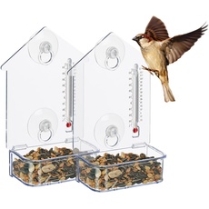 Relaxdays Fenster-Vogelfutterhaus 2er Set, 2 Saugnäpfe, Futterstation mit Thermometer, HBT 17 x 11,5 x 5 cm, transparent