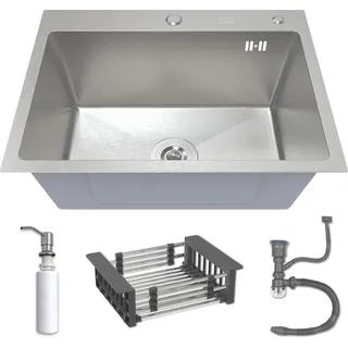 ANW HOME Einspülbecken INOX 60x45 mit Siphon, Abtropfgestell & Seifenspender 350ml, Waschbecken Küche Edelstahl 304 mit 2 HahnLöcher