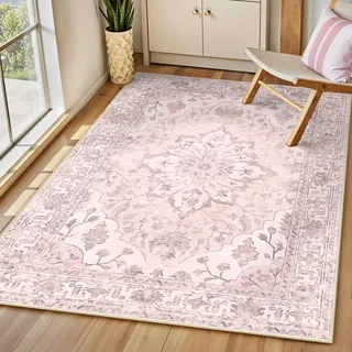 INOVADAY Vintage Waschbarer Teppich Wohnzimmer 90x150 cm Boho Kurzflor rutschfest Teppich Weich Teppiche mit Druckmuster für Schlafzimmer, Esszimmer, Büro Rosa