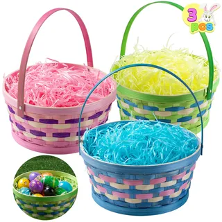 JOYIN 3 Teiliger Geflochtener Bambus Osterkorb mit Tricolor Graspapierfetzen, Ostereier Wiker Korb mit Griff für Picknick, Gastgeschenke, Dekorationen