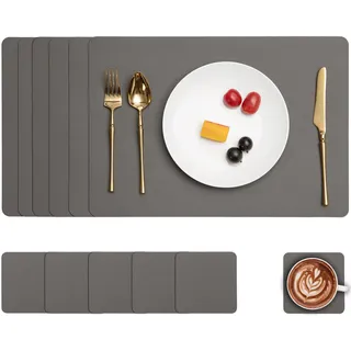 Myir JUN Tischsets Abwaschbar und Untersetzer, Platzset Leder Platzdeckchen Abwaschbar Doppelseitigen Tischsets Umkehrbares Tischset rutschfest Tischset Lederoptik (Grau, Satz von 6)