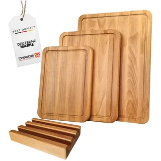 3er Schneidebrett Set - Made in EU,mit Ständer in Premium Qualität Buche, Größe 27/30/40 cm, Küchenbrett-Set für Fleisch, Brot, Gemüse, Holzbretter natur, Arbeitsbrett, Schneidebretter