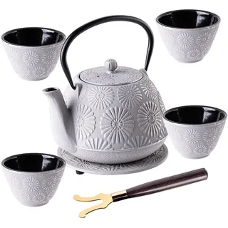 KADAX Japanische Teekanne 1,1 L mit 4 Teetassen für losen Tee, Japanisches Teeservice aus Gusseisen, Gusseiserne Kanne mit Teesieb, Deckel, Griff & Untersetzer (Grau)