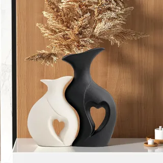 2er Set Schwarze & Weiß Keramikvasen | Herzförmige Matte Vasen | Boho Home Deko für Esstisch, Bücherregal, Wohnzimmer, Schlafzimmer & Büro | Tischdekoration