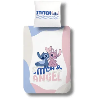 Disney Stitch Biber Bettwäsche 135x200 + 80x80 cm – Baumwolle, Öko-Tex Zertifiziert, Reißverschluss – kuschelig weich & warm für Kinder, Original Stitch Angel Motiv