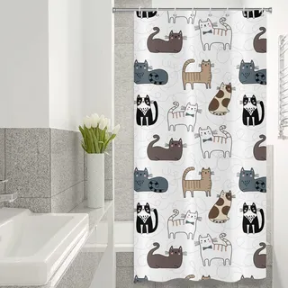 ASDCXZ Schmal Duschvorhang 120x180 cm, Niedlich Cartoon Katze Kinder Weiß Bad Waschbar Duschvorhänge mit ösen Polyester Textil Wasserdicht Duschvorhang für Badewanne mit 8 Haken