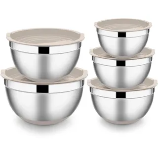 HaWare Rührschüssel 5er-Set, Edelstahl Salatschüssel Schüssel Set mit Luftdichtem Deckel und Rutschfestem Silikonboden, Stapelbar & Vielseitig, Spülmaschinenfest, 6.6L/ 3.5L/ 2.5L/ 1.5L/1L - Khaki