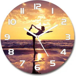 Wanduhr aus Glas 30fi Glasbild Glasuhr Gehärtetes Glas - weisse-zeiger - Yoga on the beach - Gelb
