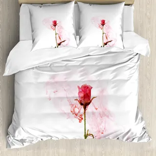 ABAKUHAUS Blumen Bettbezug Set, Künstlerische Rose Love Depiction Romantische Symbol Smoky Kunst auf Neutraler Hintergrund, 200 x 200 cm + 80 x 80 cm, Dunkle Koralle Puder Rosa