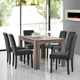 [en.casa] Esstisch (antike Eiche) mit 6 Esszimmerstühlen in dunkelgrau - 140x90cm - Dunkelgrau, Schwarz