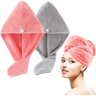 Lumimi 2er-Set Haarturban Kopfhandtuch aus Mikrofaser Extra Saugfähig Schnelltrocknend Flauschig Knopfverschluss Rosa Grau